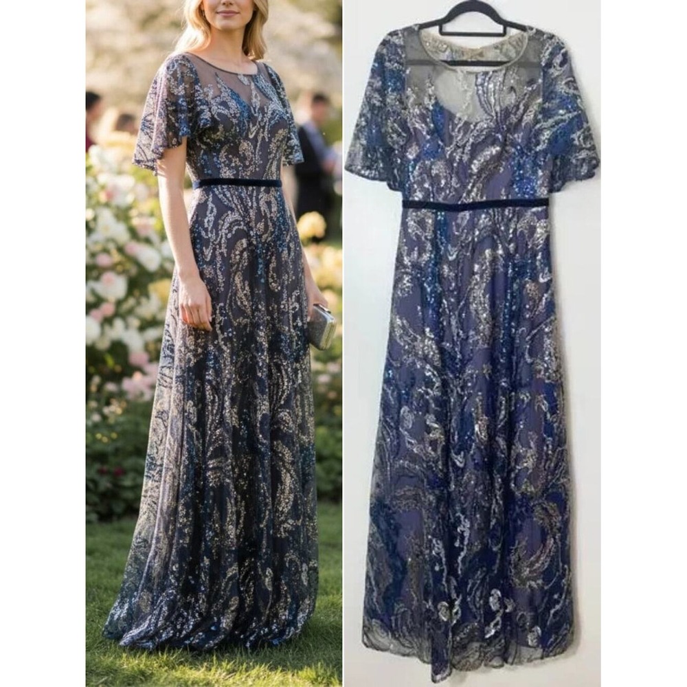Marchesa Dress 6 Navy Blue Silver Sequin Embellished Gown Formal Evening Glam